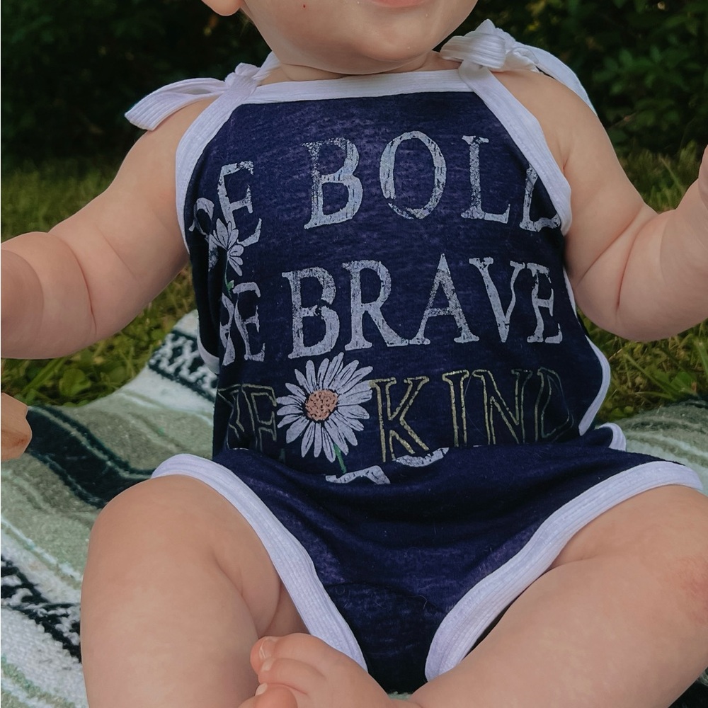 Be Bold Upcycle Retro Style Romper Navy Blue Baby Romper with White Trim